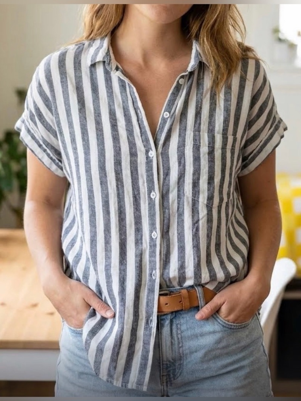 Gray and White Vertical Stripe Button-Down Top